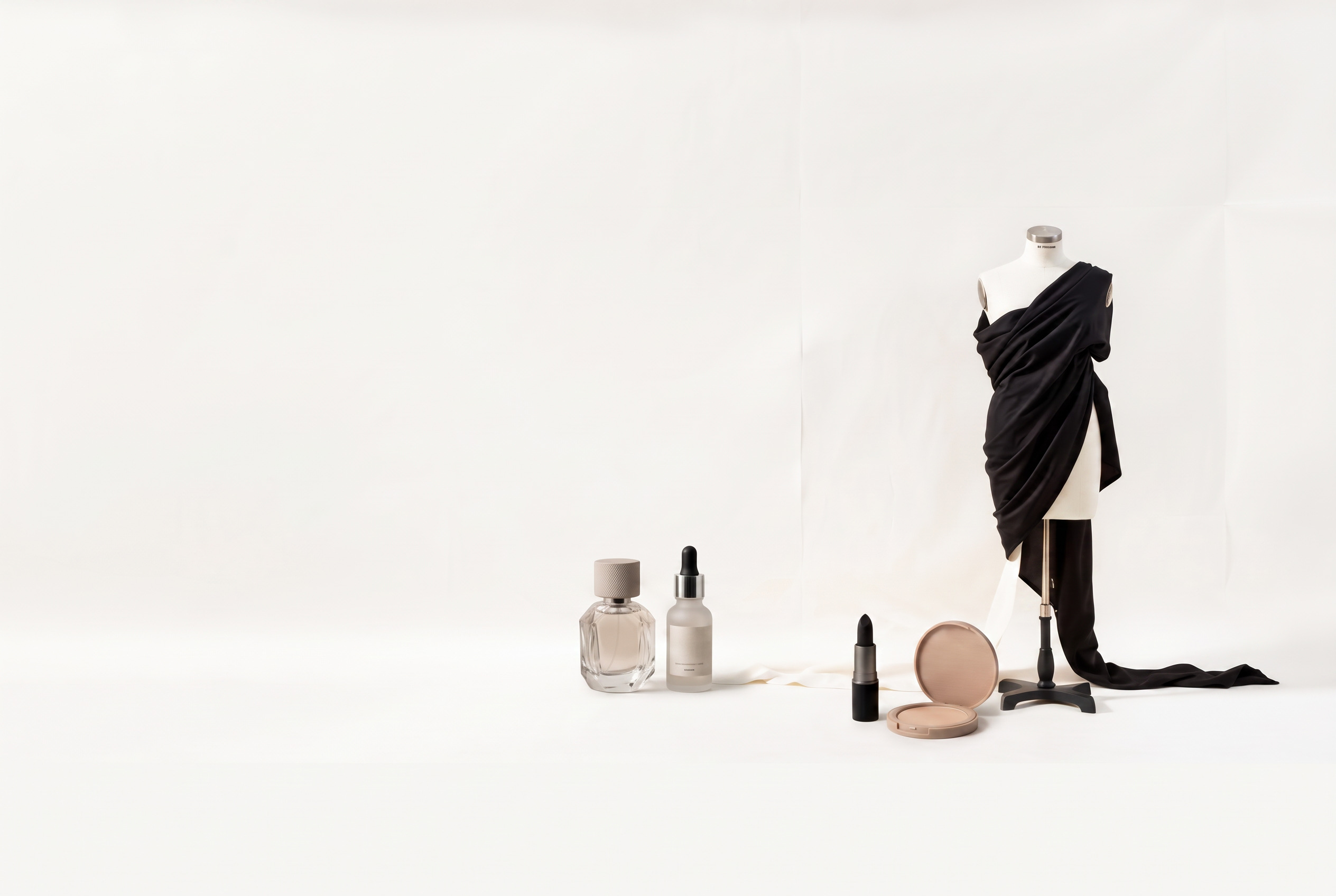 Draped black fabric on a dress form against a cream studio backdrop